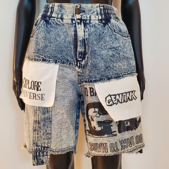 Evisu x Genanx Colorblock Patched Cargo Carpenter Bermuda Denim Shorts Jeans - Picture 4 of 8